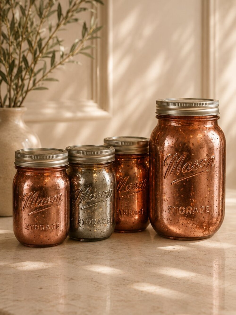 Set of 4 Vintage Mason Jar Limited Edition Mercury Glass Rose Gold With Lids